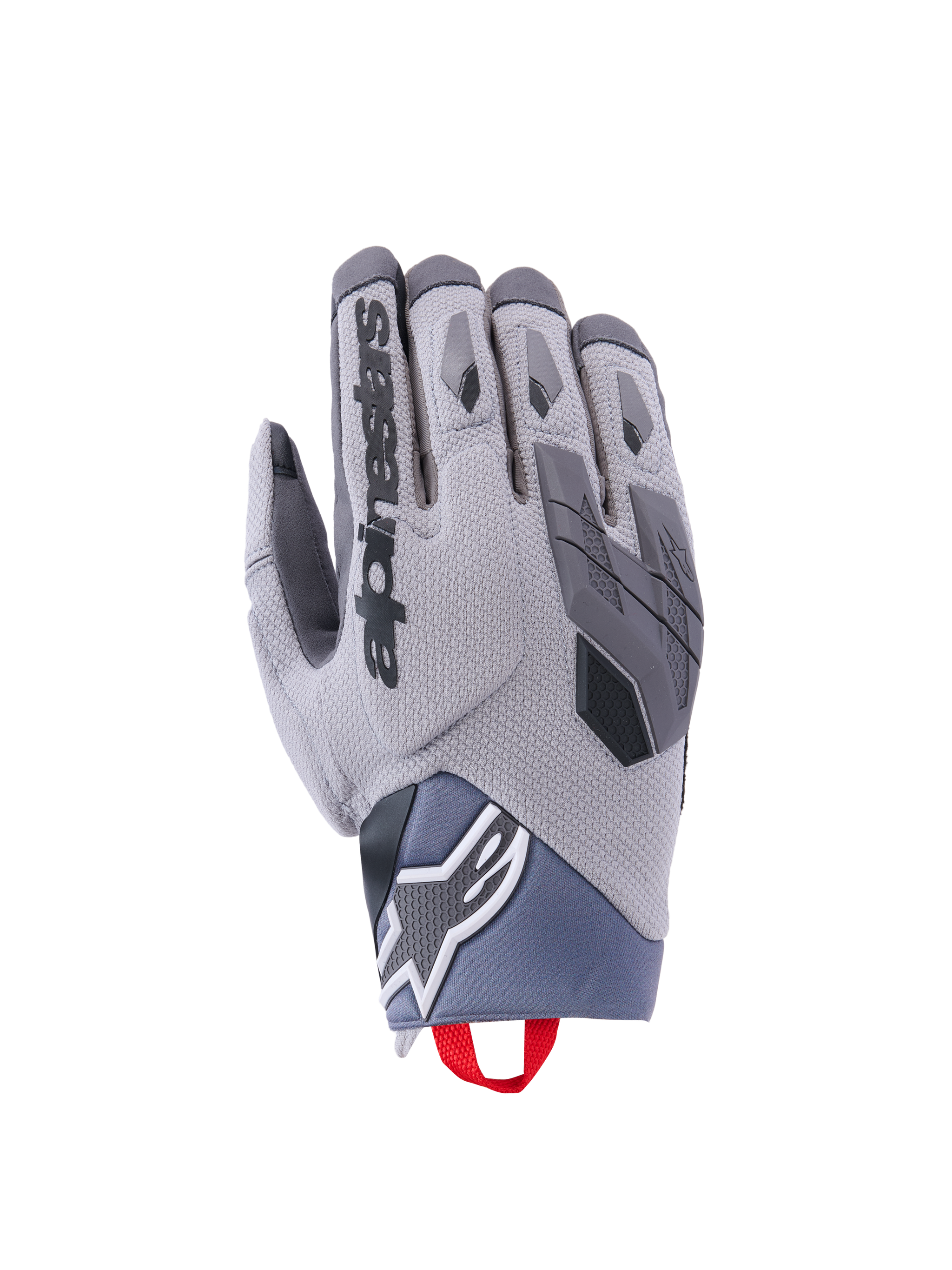 Alpinestars Durack Gloves, Motorcycle Gloves, Gray with Black Accents, Textured Fabric, Reinforced Palm, Red Wrist Pull Tab, Modern Design for Protection and Grip
