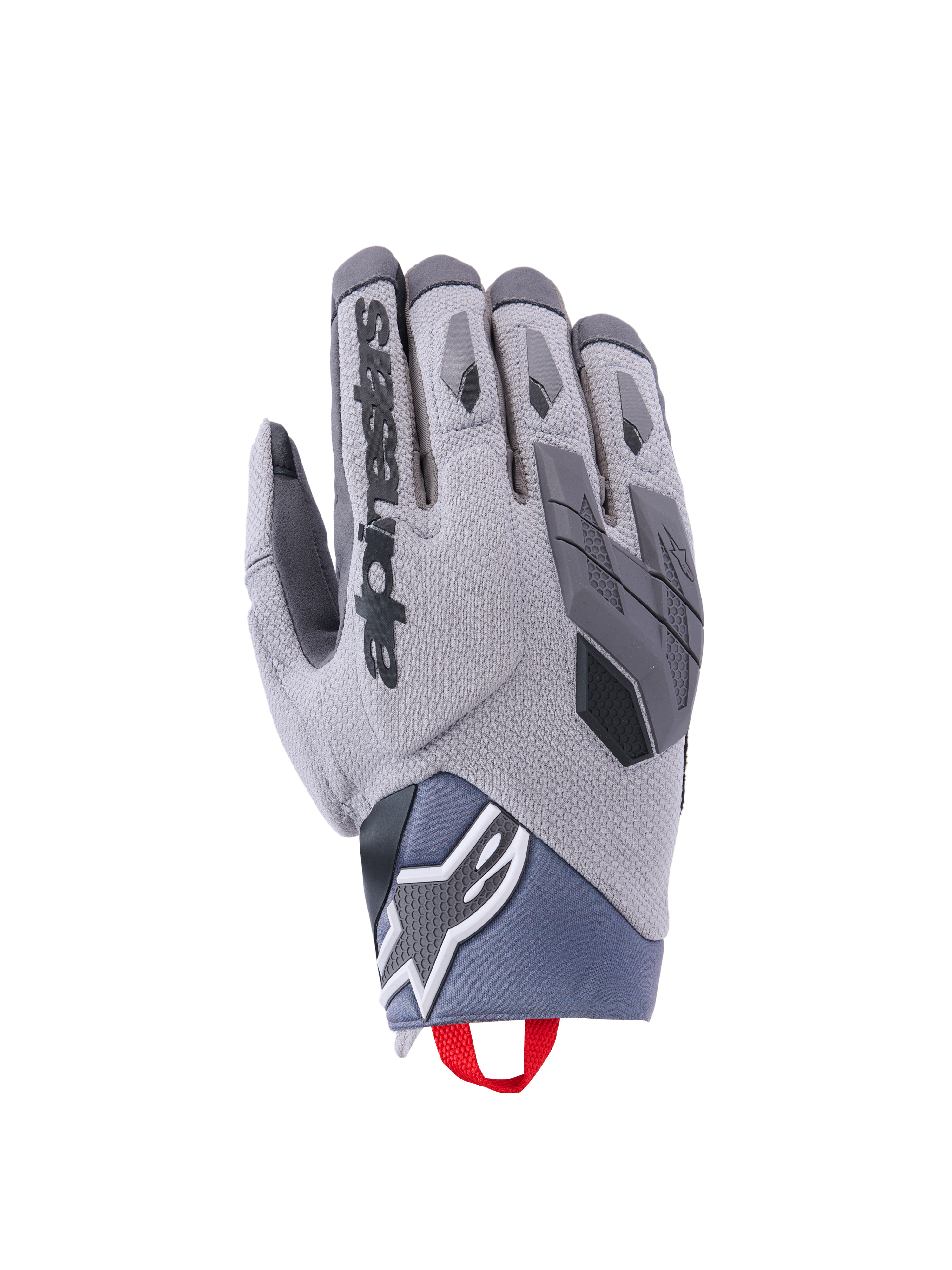 Alpinestars Durack Gloves, Motorcycle Gloves, Dark Gray and Mid Gray, Textured Spandex backhand, TPR knuckle protection, Alpinestars logo on wrist, red pull tab, modern adventure riding gear