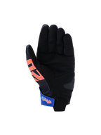 Alpinestars FQ20 Reef V2 Monster Gloves, Motorcycle Gloves, Black with Red and Blue accents, palm view featuring synthetic suede, padded reinforcement, and a blue adjustable wrist strap with graphics, short cuff racing and sport design