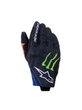 Alpinestars FQ20 Reef V2 Monster Gloves, Motorcycle Gloves, Black with Red Fluo, Blue and Green accents, featuring Monster Energy claw logo and white Alpinestars star logo, short cuff design with grey patterned textile