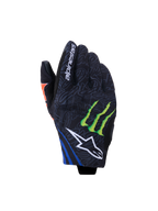 Alpinestars FQ20 Reef V2 Monster Gloves, Motorcycle Gloves, Black with Red Fluo, Blue and Green accents, featuring Monster Energy claw logo and white Alpinestars star logo, short cuff design with grey patterned textile
