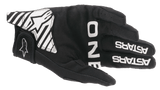 The 2021 Radar Gloves by Alpinestars EU feature a striking black and white design with a prominent logo on the back. The Youth Radar Glove showcases "ONE" and "ASTARS" written in bold white letters on the fingers, a Velcro strap with a stylized Alpinestars logo near the wrist, and a durable synthetic suede palm for enhanced grip.