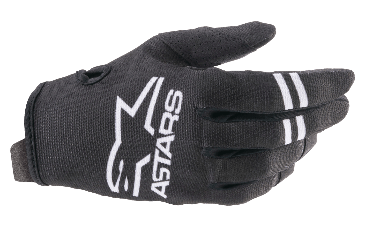The 2021 Radar Gloves by Alpinestars EU feature a striking black and white design with a prominent logo on the back. The Youth Radar Glove showcases "ONE" and "ASTARS" written in bold white letters on the fingers, a Velcro strap with a stylized Alpinestars logo near the wrist, and a durable synthetic suede palm for enhanced grip.