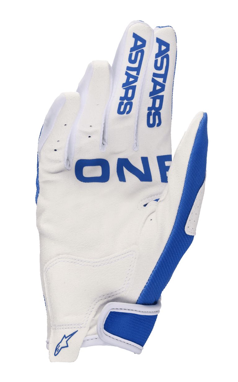 Alpinestars 2023 Radar Gloves, Motocross Gloves, Ucla Blue and White, palm view featuring white synthetic suede with blue accents, ASTARS branding on the fingers, perforated palm for breathability, and a secure velcro wrist strap.
