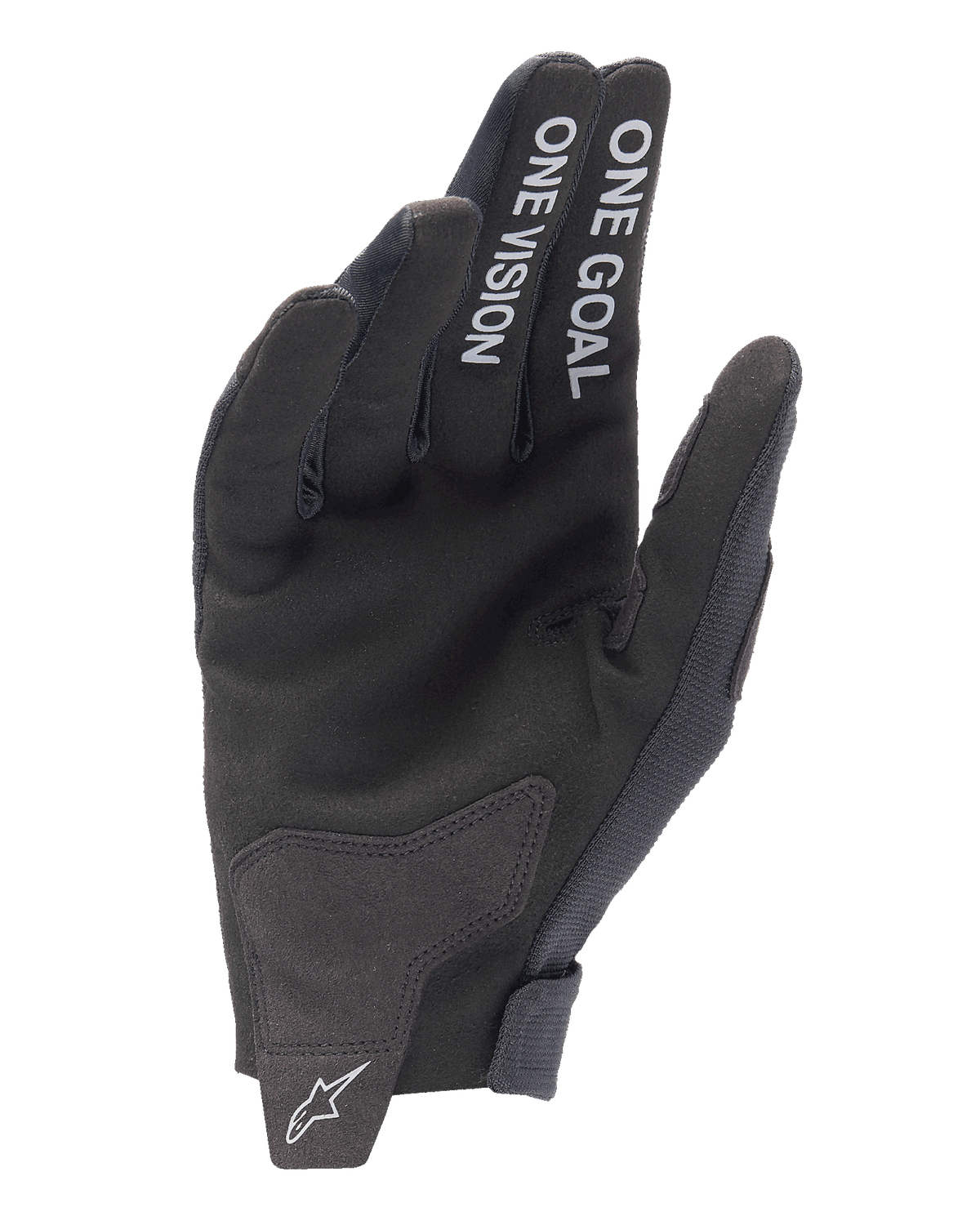 Alpinestars 2025 Radar Gloves, Motocross Gloves, Black, palm view featuring 'ONE GOAL' and 'ONE VISION' white text on the fingers, synthetic suede palm, white star logo on the seamless wrist closure, minimalist off-road design
