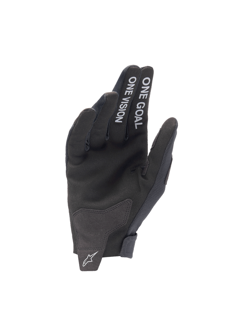 Alpinestars 2025 Radar Gloves, Motocross Gloves, Black, Synthetic Suede Palm with One Goal One Vision text.