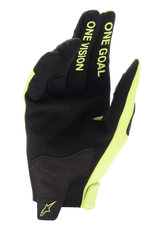 Alpinestars 2025 Radar Motocross Gloves, Yellow Fluo and Black, synthetic suede palm with One Goal One Vision finger text.
