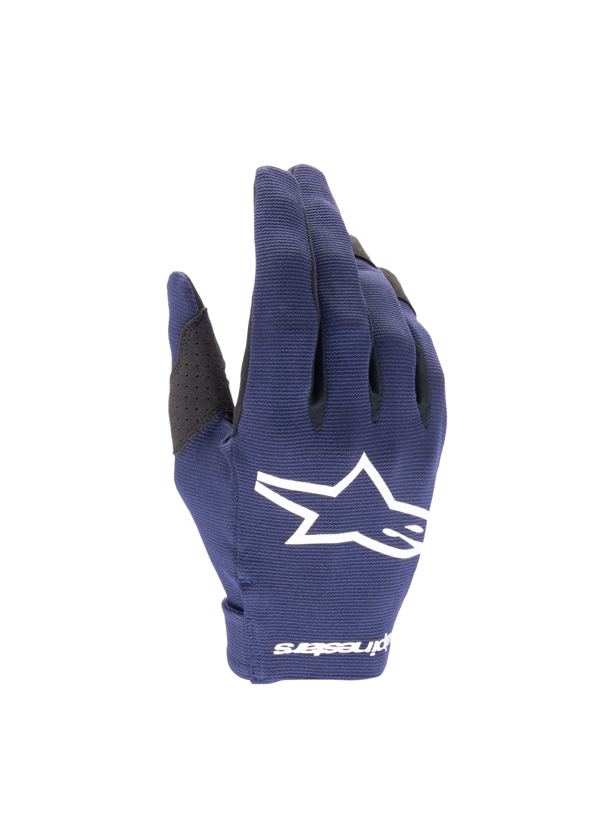 Alpinestars 2025 Radar Motocross Gloves, Men's, Night Navy and White, lightweight stretch textile with a star logo.