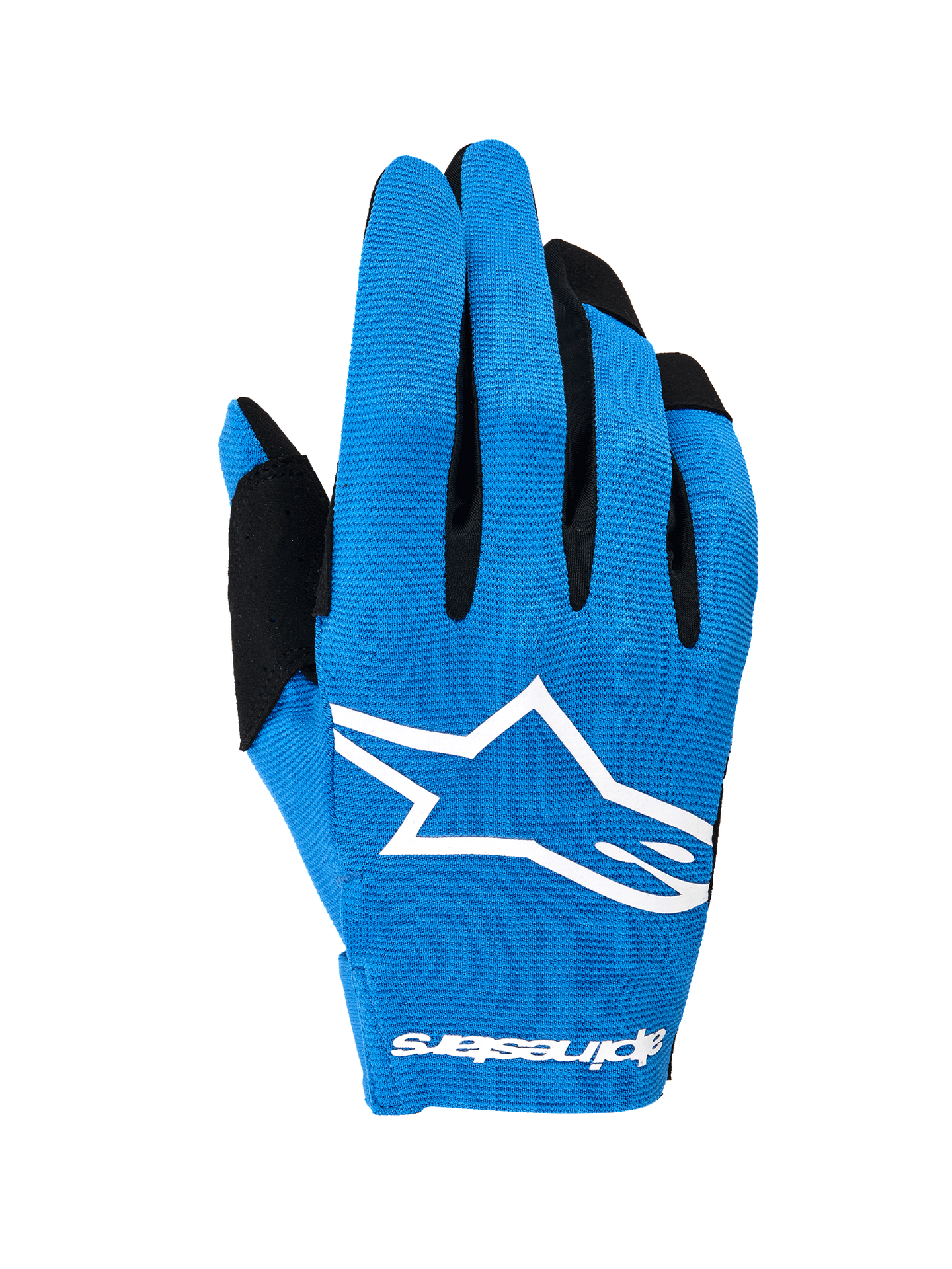 Alpinestars 2026 Radar Gloves, Motocross Gloves, Blue and White, featuring a single-layer stretch backhand with a large white Astars logo, black finger accents, lightweight performance design for off-road riding