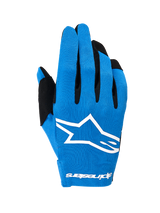 Alpinestars 2026 Radar Gloves, Motocross Gloves, Blue and White, featuring a single-layer stretch backhand with a large white Astars logo, black finger accents, lightweight performance design for off-road riding