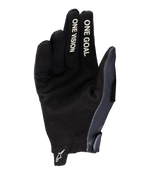 Alpinestars 2025 Radar Gloves, Motocross Gloves, Gray and Dark Camo, palm view featuring synthetic suede construction, white 'ONE VISION' and 'ONE GOAL' text on fingers, and a white Astars logo on the wrist pull tab