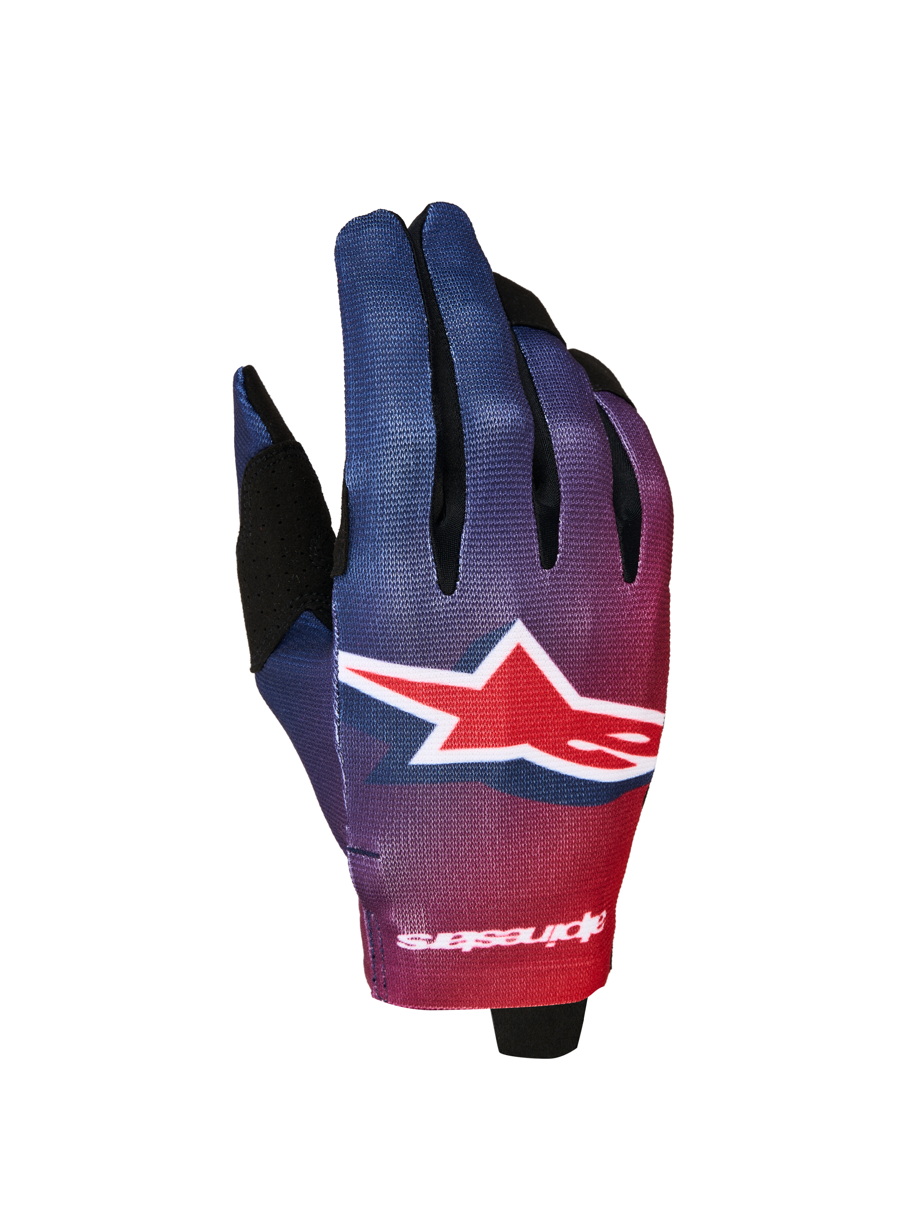Alpinestars Radar Gloves 2027, lightweight motocross gloves in Fire Red and Deep Blue gradient with a large star logo.