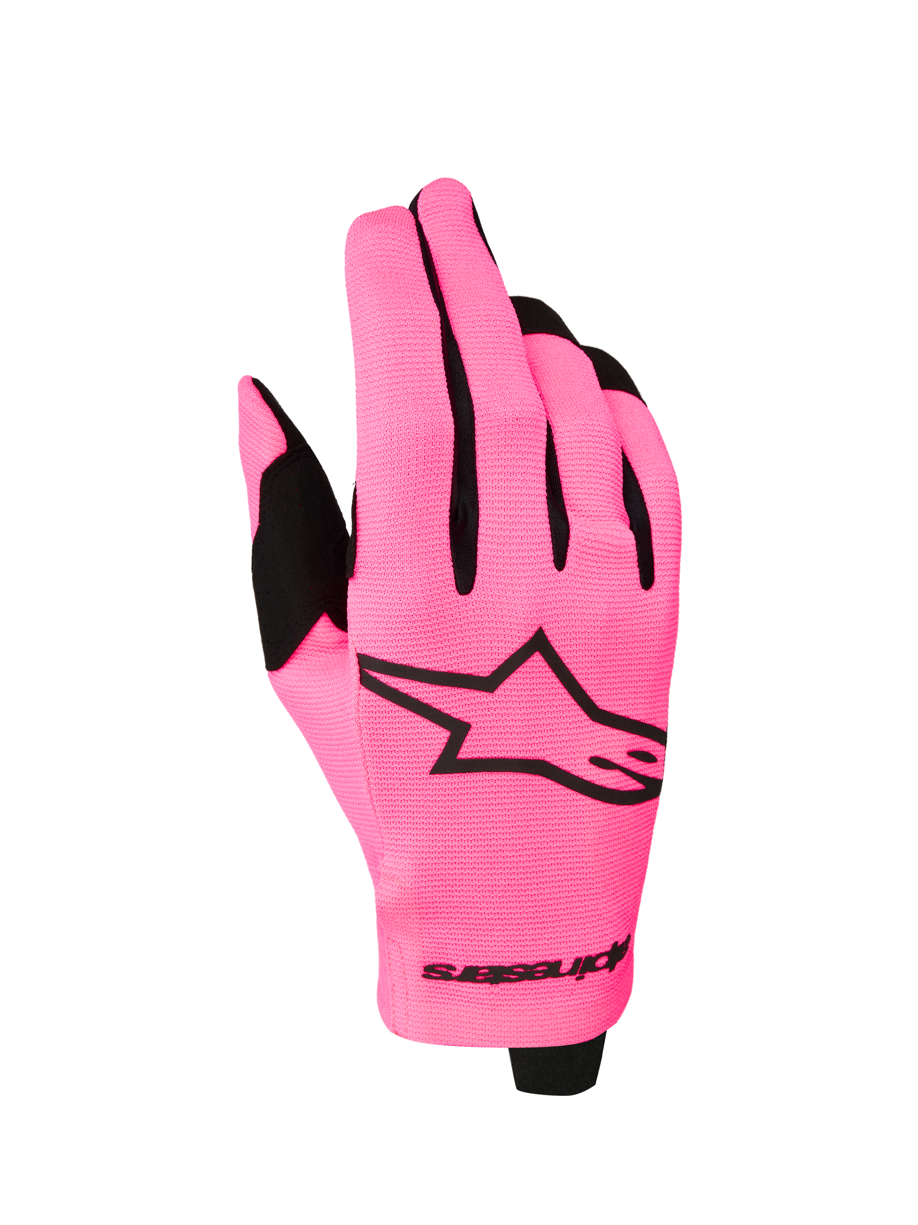 Alpinestars Radar Gloves 2027, lightweight motocross racing gloves in Pink Fluo and Black with a stretch textile backhand.