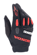 Alpinestars Honda Full Bore Gloves, Motocross Gloves, Black and Bright Red, featuring TPR knuckle guards and bold rubberized Honda branding, breathable stretch textile construction for off-road riding