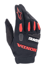 Alpinestars Honda Full Bore Gloves, Motocross Gloves, Black and Bright Red, featuring TPR knuckle guards and bold rubberized Honda branding, breathable stretch textile construction for off-road riding