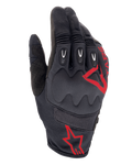 Alpinestars Techdura Gloves, Fire Red Black, Motocross and Enduro Riding Gloves, black textured fabric with red star logos, reinforced knuckle and finger protection, breathable mesh panels, durable off-road motorcycle gear