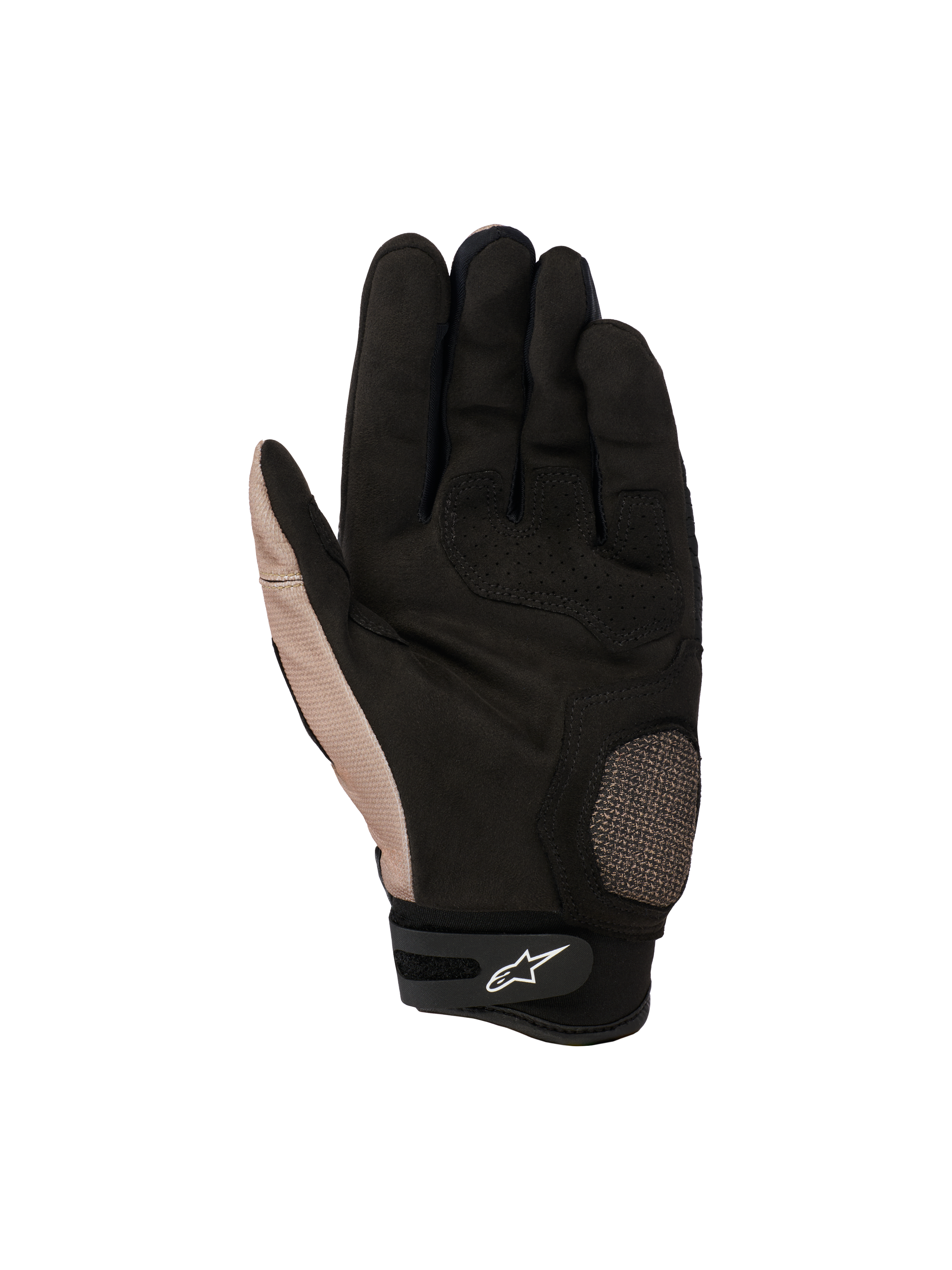 Alpinestars Megawatt V2 Gloves, Off-Road Motocross Gloves, Stone Black, palm view showcasing reinforced thumb and palm area, textured grip, and Velcro wrist adjustment with the white Alpinestars logo.