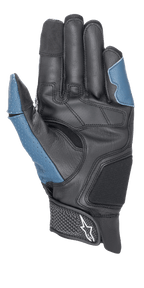 Alpinestars Morph Sport Gloves, palm side view, Black and Blue Sodalite, featuring reinforced leather palm, perforated blue panels on the thumb and outer side, short cuff with hook-and-loop strap and Alpinestars logo, performance gear for sport and road riding
