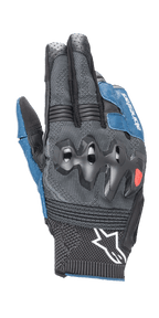 Alpinestars Morph Sport Gloves, Motorcycle Gloves, Black and Blue Sodalite, featuring over-injected knuckle guards, MorphTech Weave backhand with RIDEKNIT inserts, white star logo on the cuff, technical textured fabric for road racing