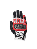 Alpinestars SMX-2 Air Carbon V2 motorcycle racing gloves in black, red, and white with carbon knuckle protection.