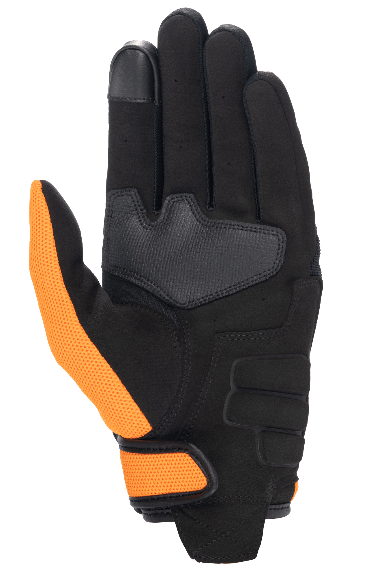 Honda Copper Glove, Motorcycle Glove, Black and Orange, palm side view featuring a synthetic suede palm, orange mesh thumb and wrist strap, and touchscreen-compatible index fingertip.