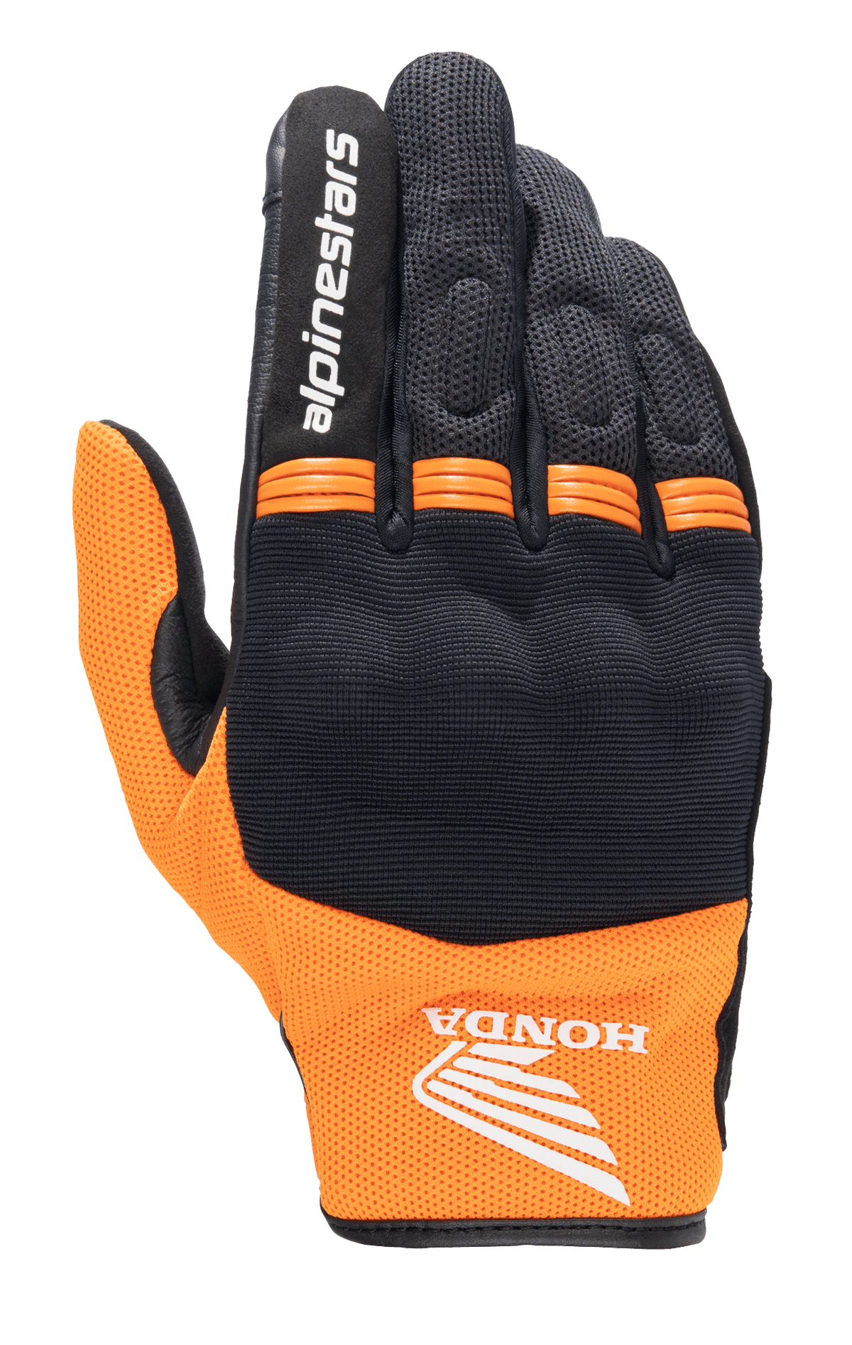 Alpinestars Honda Copper Glove, Lightweight Urban Motorcycle Glove, Black and Orange, featuring the Honda wing logo on the wrist, Alpinestars text on the index finger, mesh construction, and orange accordion panels on knuckles.