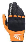 Alpinestars Honda Copper Glove, Lightweight Urban Motorcycle Glove, Black and Orange, featuring the Honda wing logo on the wrist, Alpinestars text on the index finger, mesh construction, and orange accordion panels on knuckles.