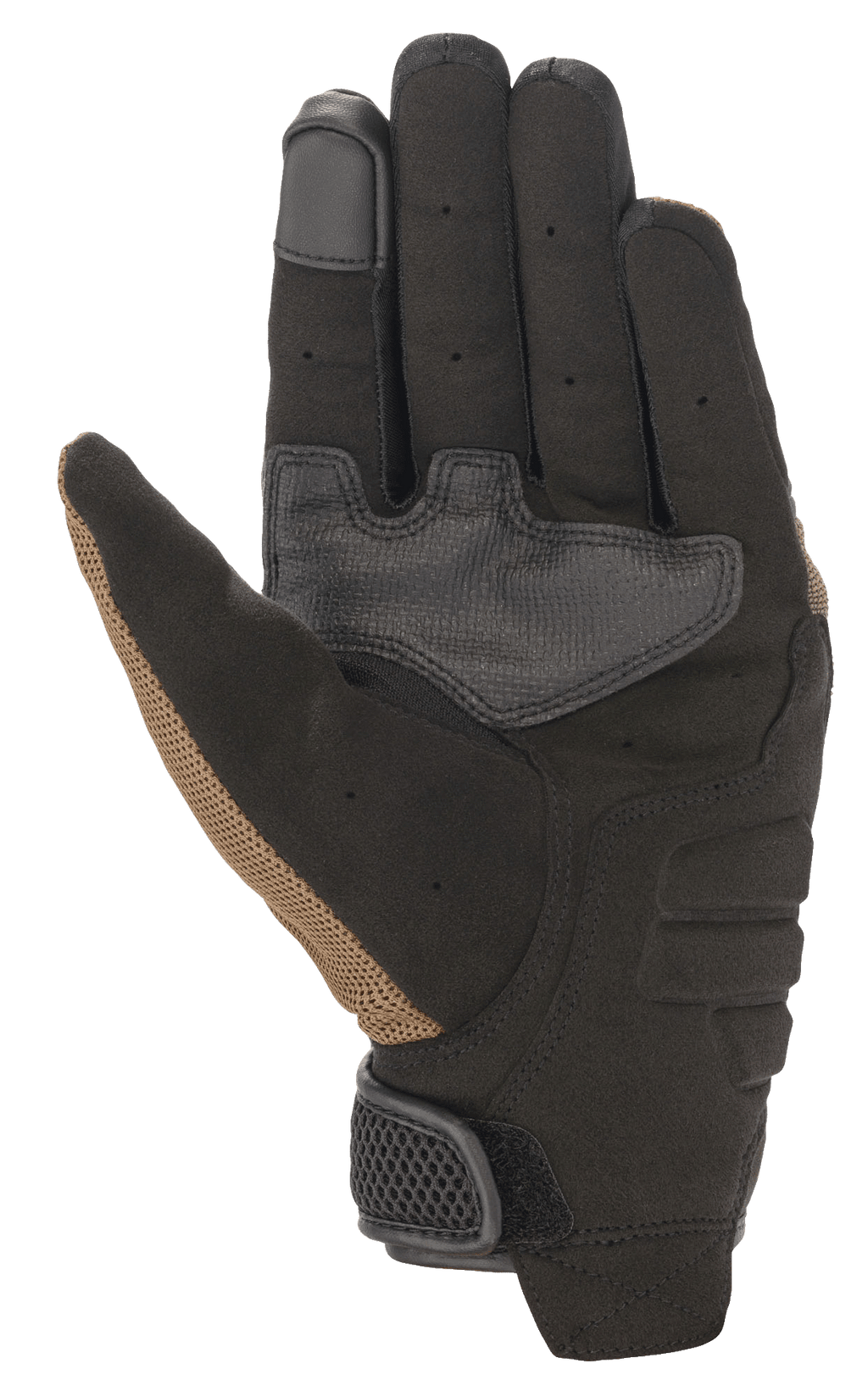 Alpinestars Copper Gloves, Urban Motorcycle Gloves, Teak and Black, palm view featuring synthetic suede construction, reinforced grip panels, touchscreen-compatible fingertip, and perforated finger details