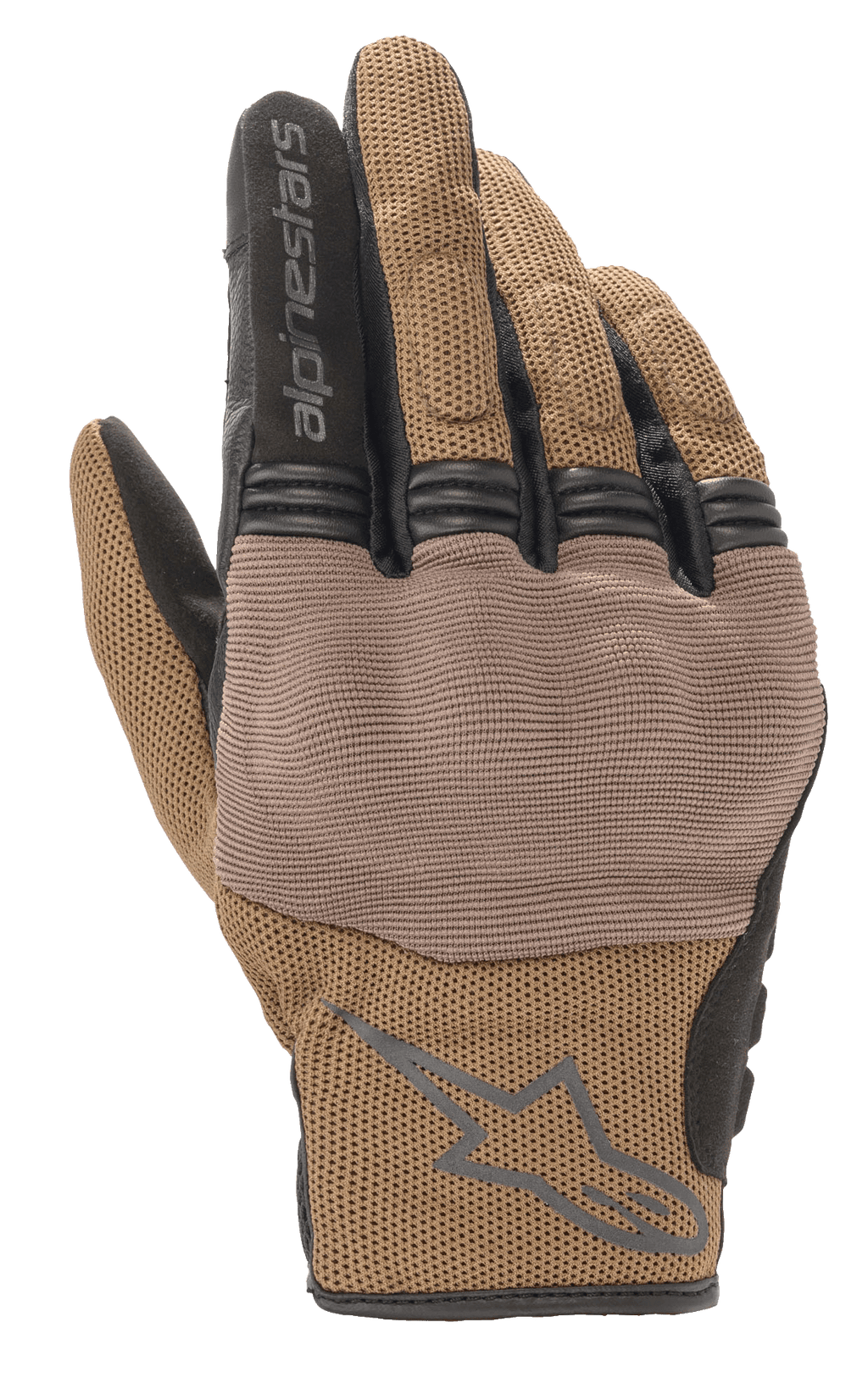 Alpinestars Copper Gloves, Urban Motorcycle Gloves, Teak Brown and Black, breathable mesh construction, textured panel over the knuckles, short cuff with Alpinestars logo and text branding