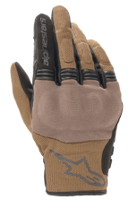 Alpinestars Copper Gloves, Urban Motorcycle Gloves, Teak Brown and Black, breathable mesh construction, textured panel over the knuckles, short cuff with Alpinestars logo and text branding