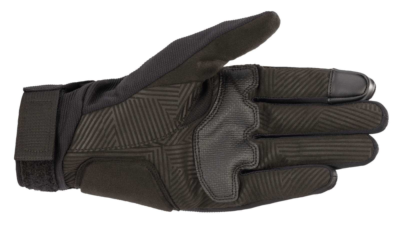 The Reef Gloves from Alpinestars EU are black and feature the Alpinestars logo and branding in white on the backhand. Designed for motorsport or outdoor activities, these gloves have a sleek design, stretch fabric for flexibility, and reinforced stitching.