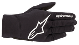 The Reef Gloves from Alpinestars EU are black and feature the Alpinestars logo and branding in white on the backhand. Designed for motorsport or outdoor activities, these gloves have a sleek design, stretch fabric for flexibility, and reinforced stitching.
