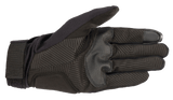 The Reef Glove by Alpinestars EU is a right black glove featuring "alpinestars" branding on the top, with a white logo near the wrist and a black-and-white checkered pattern along the lower edge. Made from stretch fabric, it boasts a synthetic suede palm and is touchscreen compatible, making it ideal for motorcycling or similar sports.