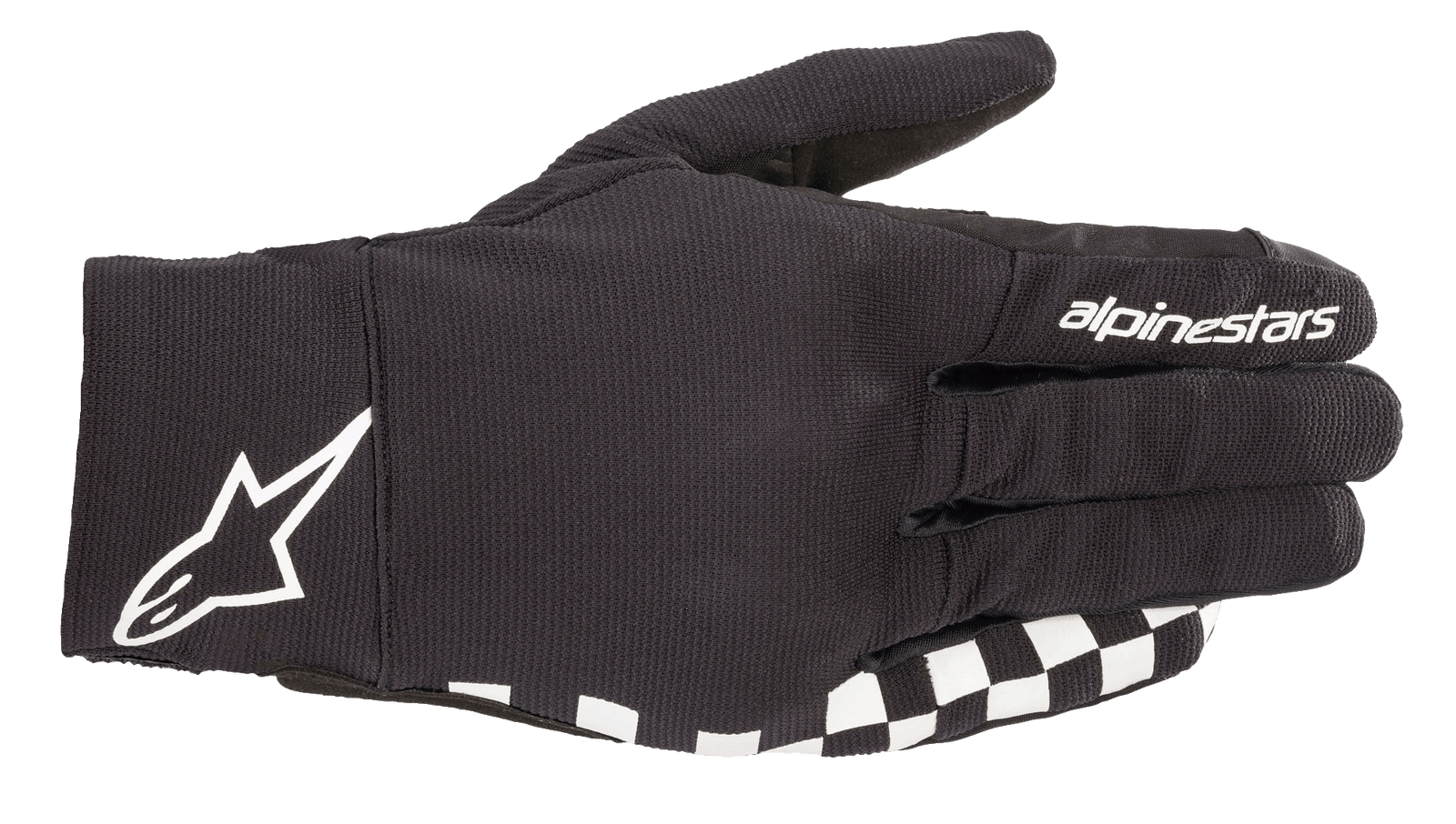 The Reef Glove by Alpinestars EU is a right black glove featuring "alpinestars" branding on the top, with a white logo near the wrist and a black-and-white checkered pattern along the lower edge. Made from stretch fabric, it boasts a synthetic suede palm and is touchscreen compatible, making it ideal for motorcycling or similar sports.