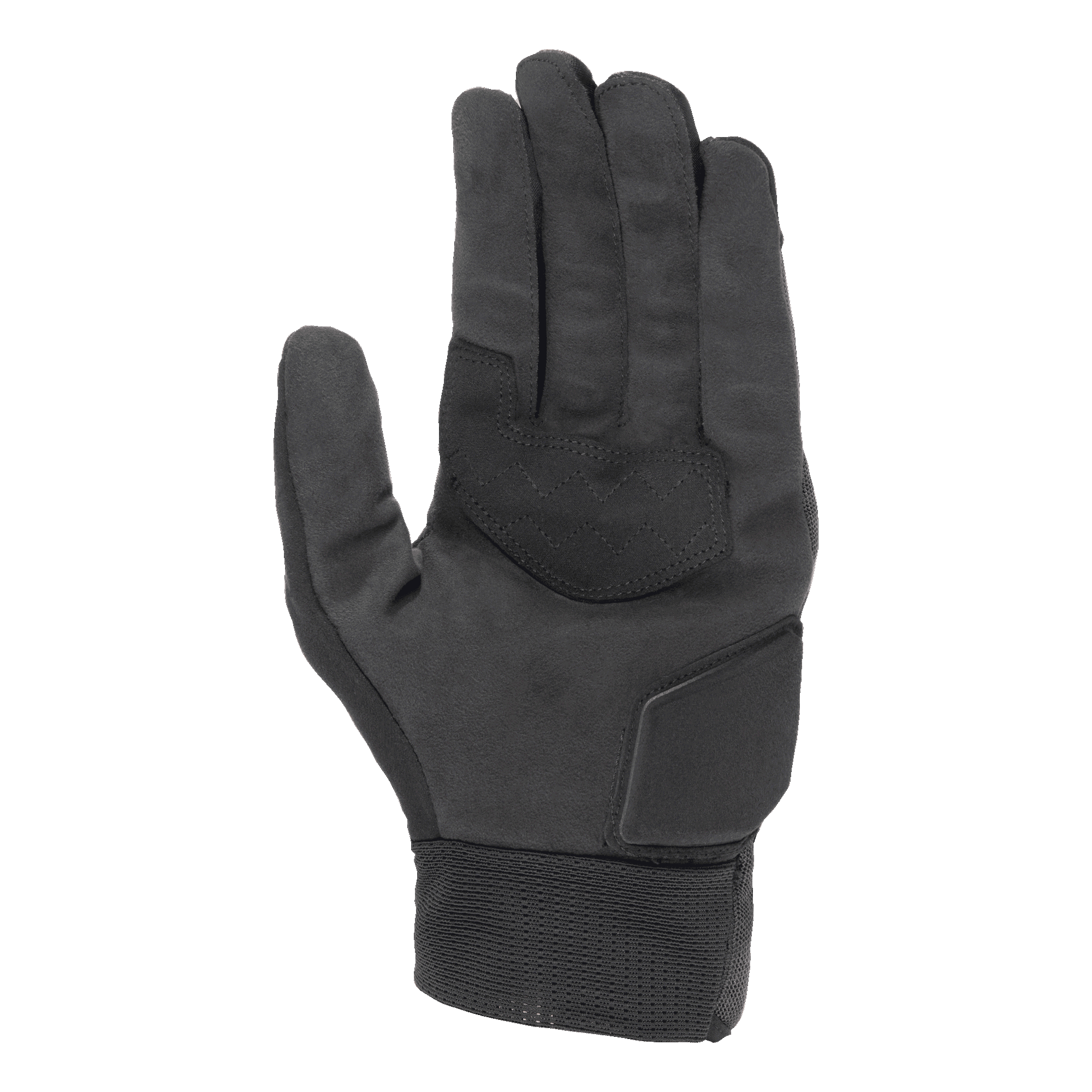 Alpinestars Stated Air Gloves, Black, palm view showing soft synthetic suede texture, reinforced palm with zigzag stitching for grip, padded heel protection, and a ribbed elastic cuff