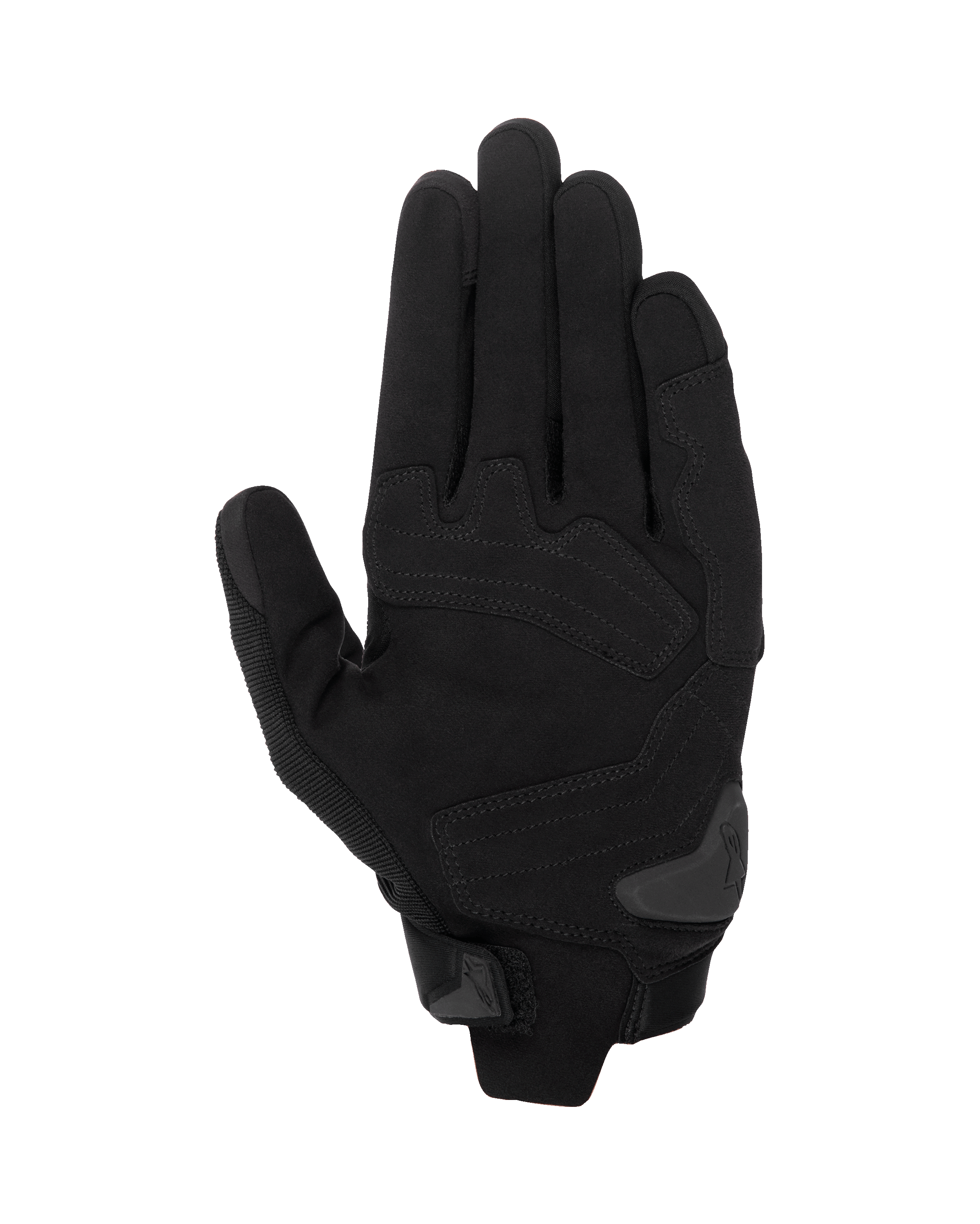 Alpinestars SP X 1 Gloves, Black/Black motorcycle gloves, palm view showing synthetic leather construction with reinforced strike zones, TPR palm slider, and compact cuff closure.