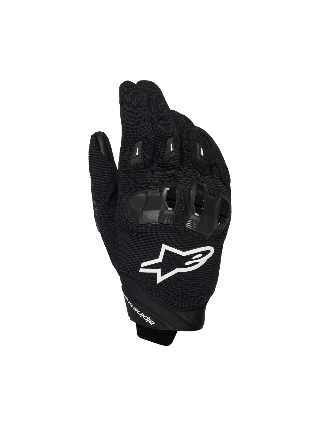 Alpinestars SP X 1 Gloves, Motorcycle Sport Gloves, Black with White Logo, top view showing TPR knuckle protection and ventilated mesh fabric, protective gear for road and sport riding