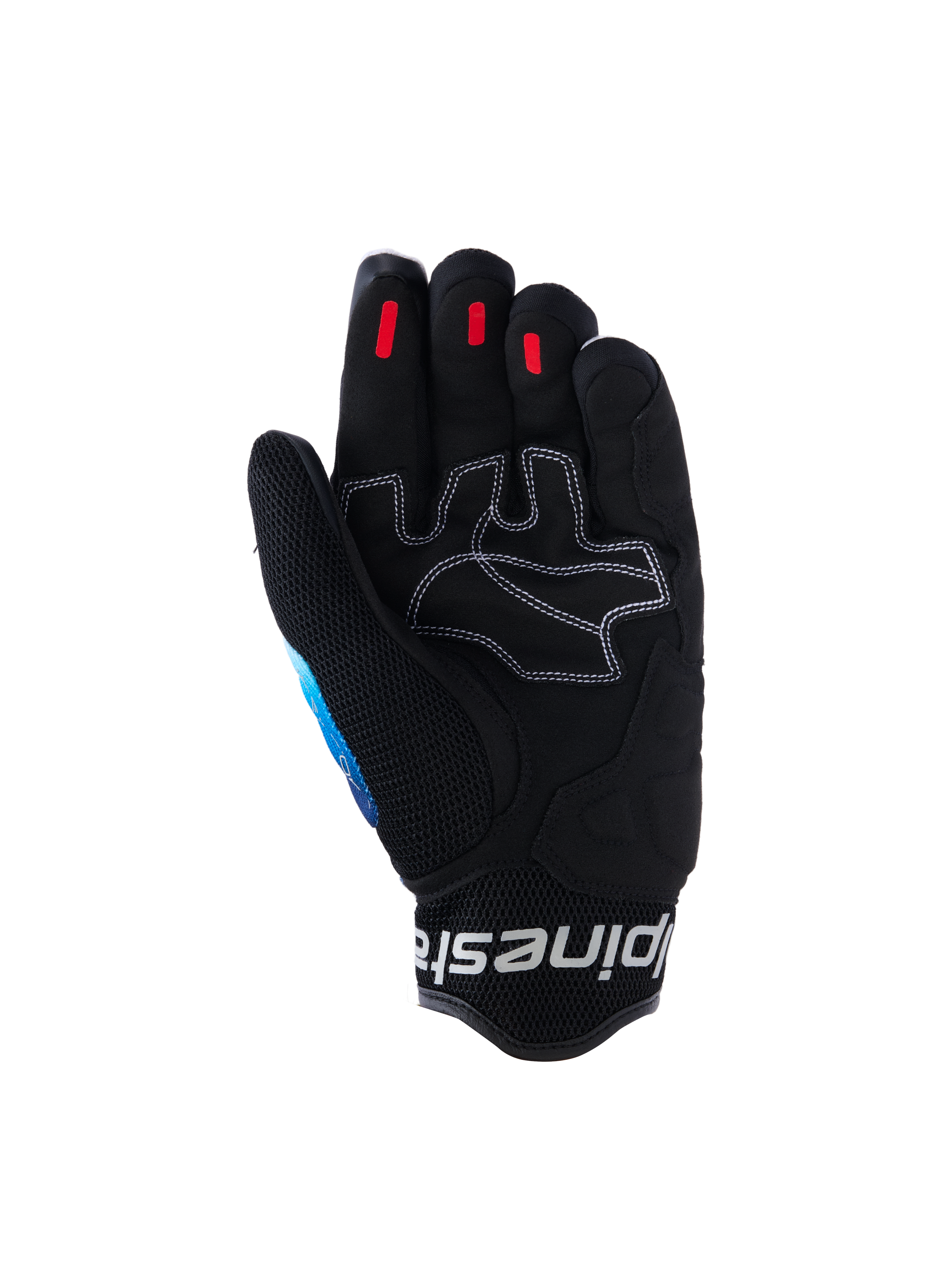 Alpinestars Mogress Airflow Gloves, Urban Motorcycle Gloves, Fading Blue Black, palm view featuring reinforced synthetic leather with white contrast stitching, red silicone grip inserts on fingertips, and black 3D mesh cuff with white logo branding.