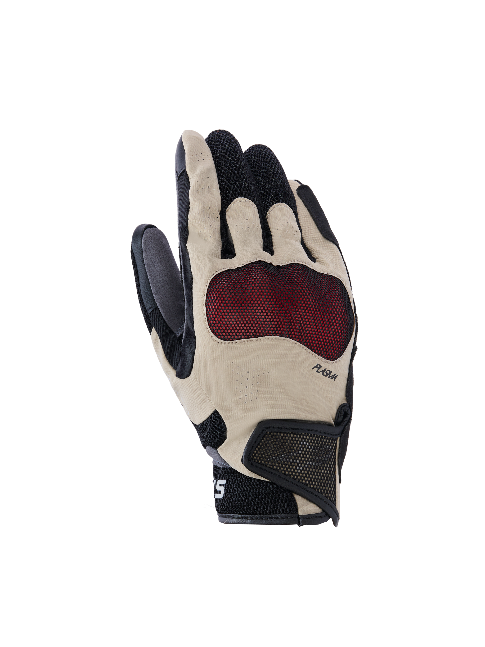 Alpinestars Mogress Airflow Gloves, Motorcycle Gloves, Beige Black and Red, textured palm protection, perforated fingers for breathability, mesh wrist with Velcro strap, sporty ergonomic design