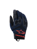 Alpinestars Manti Air Gloves, Motorcycle Riding Gloves, Deep Blue and Black with Red Fluo accents, featuring breathable mesh construction and honeycomb TPU knuckle protection, Alpinestars star logo and branding on the wrist, designed for summer adventure riding