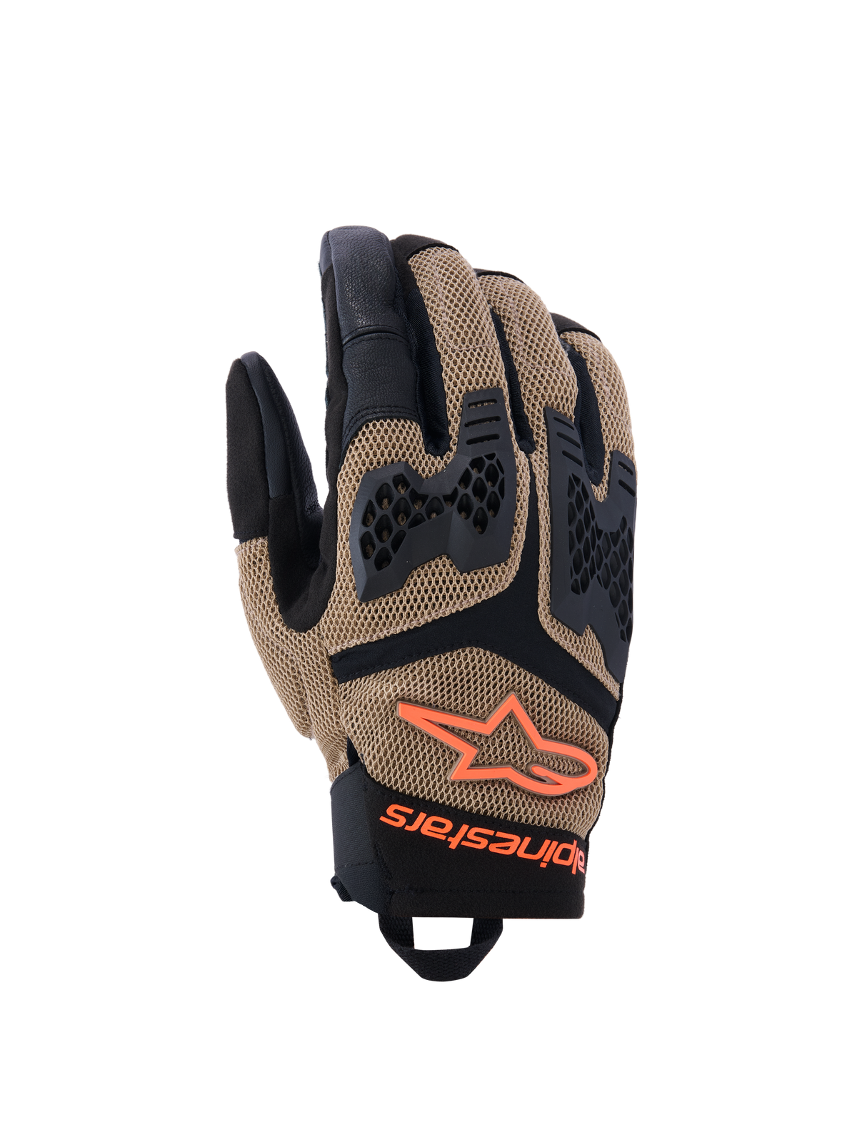 Alpinestars Manti Air Gloves, Motorcycle Gloves, Dark Khaki and Black with Orange Fluo accents, featuring 3D stretch mesh construction, injected knuckle protection with perforated design, orange star logo, and secure wrist closure, designed for summer adventure and road riding