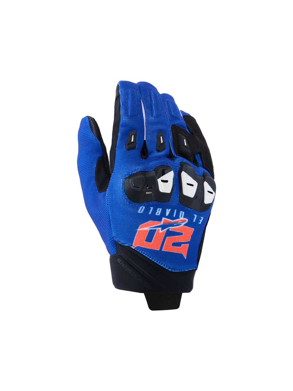 Alpinestars FQ20 SP X 1 Gloves, Sport Motorcycle Gloves, Blue/Black/Red Fluo, featuring El Diablo and 20 branding on the back, textile mesh top with black knuckle protection, streamlined design for racing and sport riding