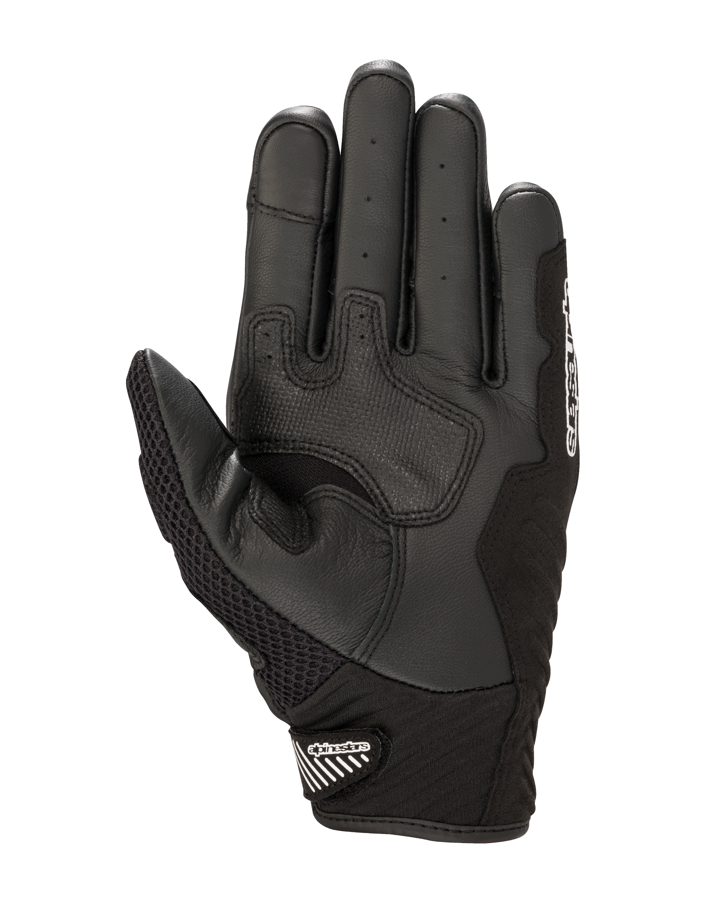 Alpinestars SMX-1 Air V2 Gloves, Palm View, Black and White, featuring reinforced leather grip zones, perforated palm area for ventilation, and a secure short cuff with velcro closure.
