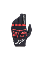 Alpinestars MM93 Losail V2 Gloves, Urban Motorcycle Gloves, Black and Red Fluo, textile with hard knuckle protection and Marc Marquez 93 logo.