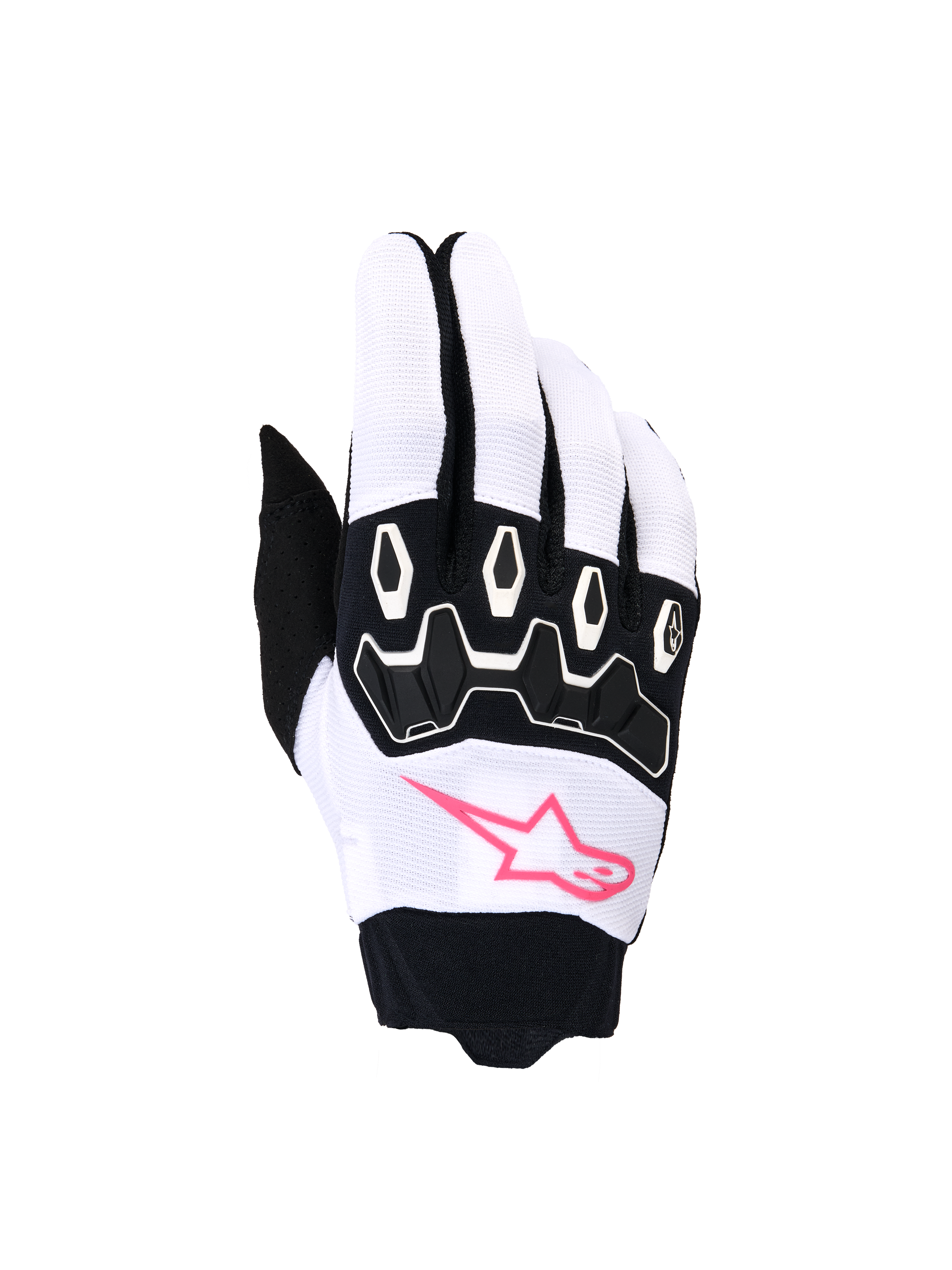 Alpinestars Stella Full Bore V2 Gloves, Women's Motocross Gloves, White and Black with Pink Fluo, featuring a pink star logo, black TPR knuckle protection, and breathable stretch fabric for off-road riding