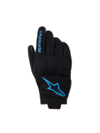 Alpinestars Reef Women's V2 Gloves, short cuff motorcycle gloves, black with bright blue Hawaiian Ocean branding, featuring Alpinestars logo on the backhand and text on the finger, urban riding style.