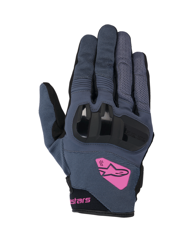 Alpinestars Chrome Women's Gloves, short-cuff motorcycle gloves, Asphalt and Black with purple-pink accents, featuring a black 3D TPU knuckle protector, breathable mesh panels, and a pink Alpinestars logo on the back of the hand.