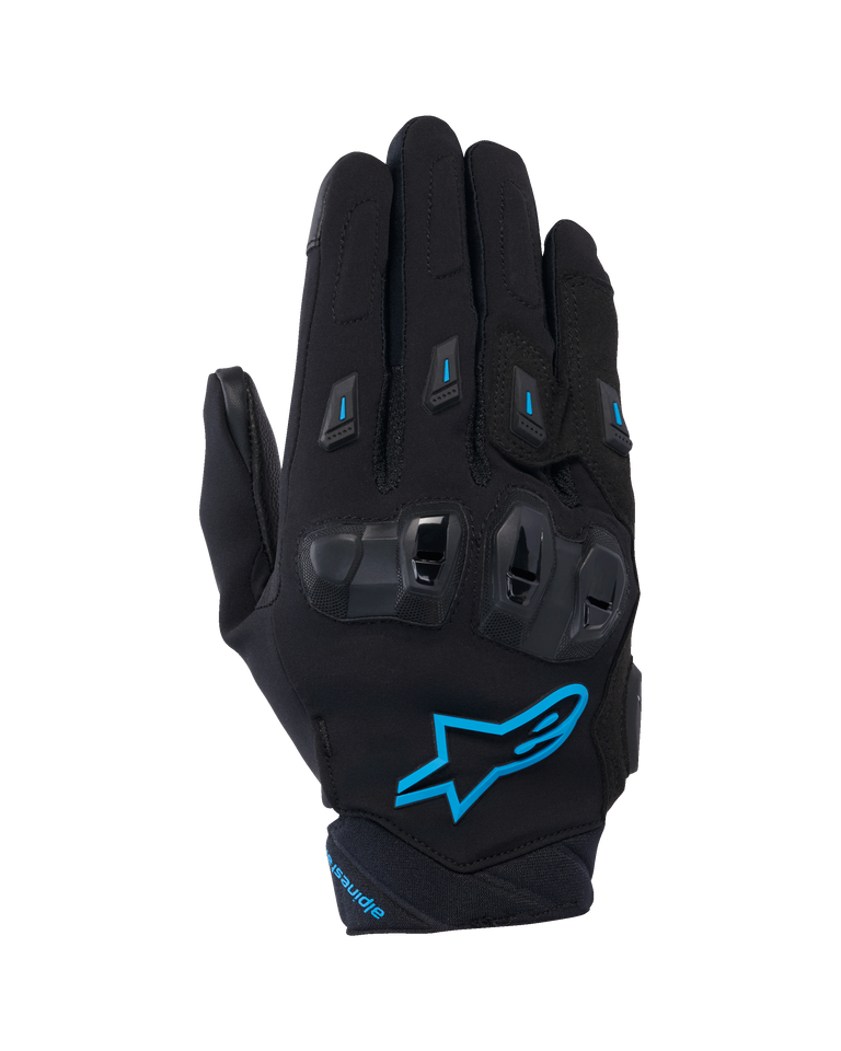 Alpinestars Stella SP X 3 Women's Motorcycle Gloves, Black and Blithe Blue, featuring TPU double-density knuckle protectors, a prominent blue star logo, and breathable mesh and textile construction for sport riding.