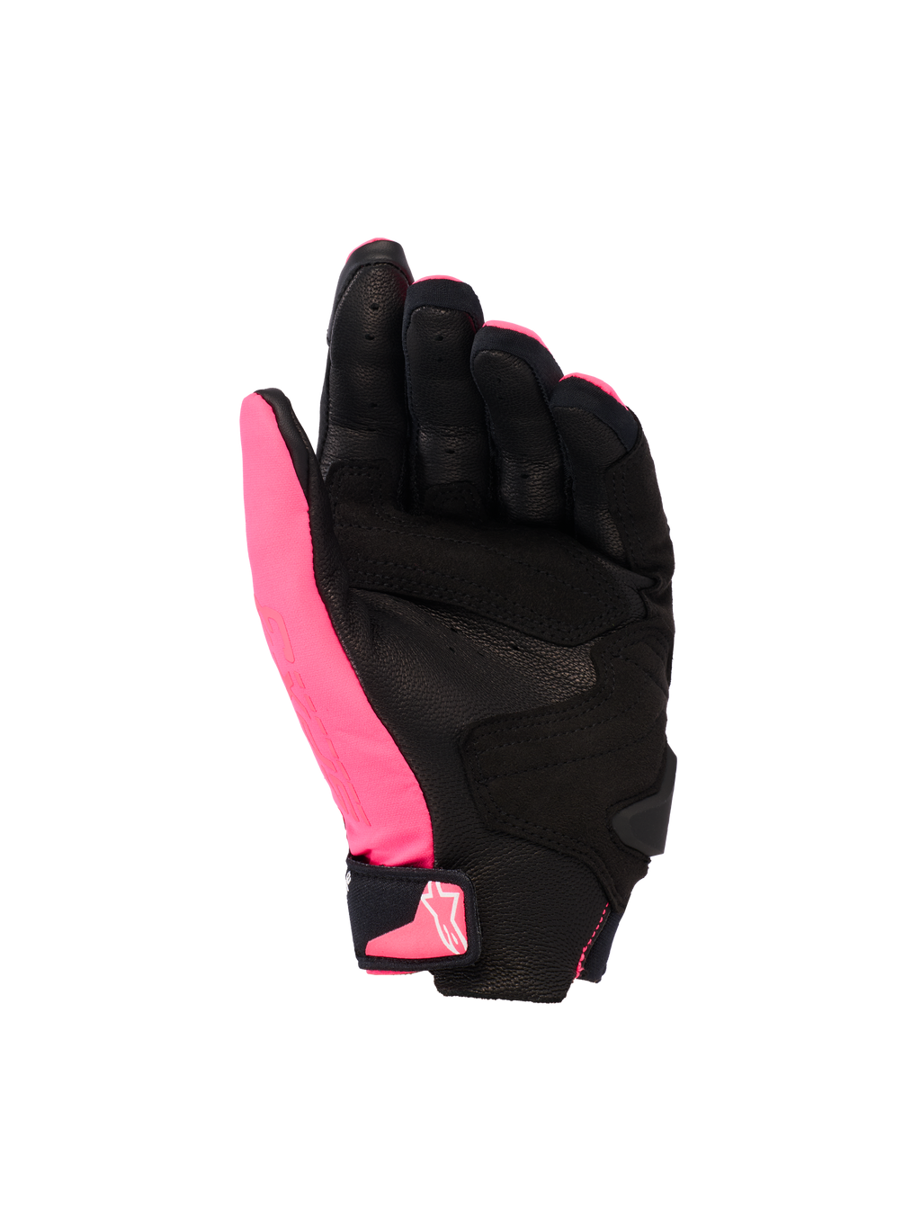 Alpinestars Stella SP X 3 Gloves, Women's Motorcycle Gloves, Diva Pink Black and White, palm view showing perforated leather and synthetic overlays, black palm with pink thumb, velcro wrist closure with pink logo, ergonomic sport design
