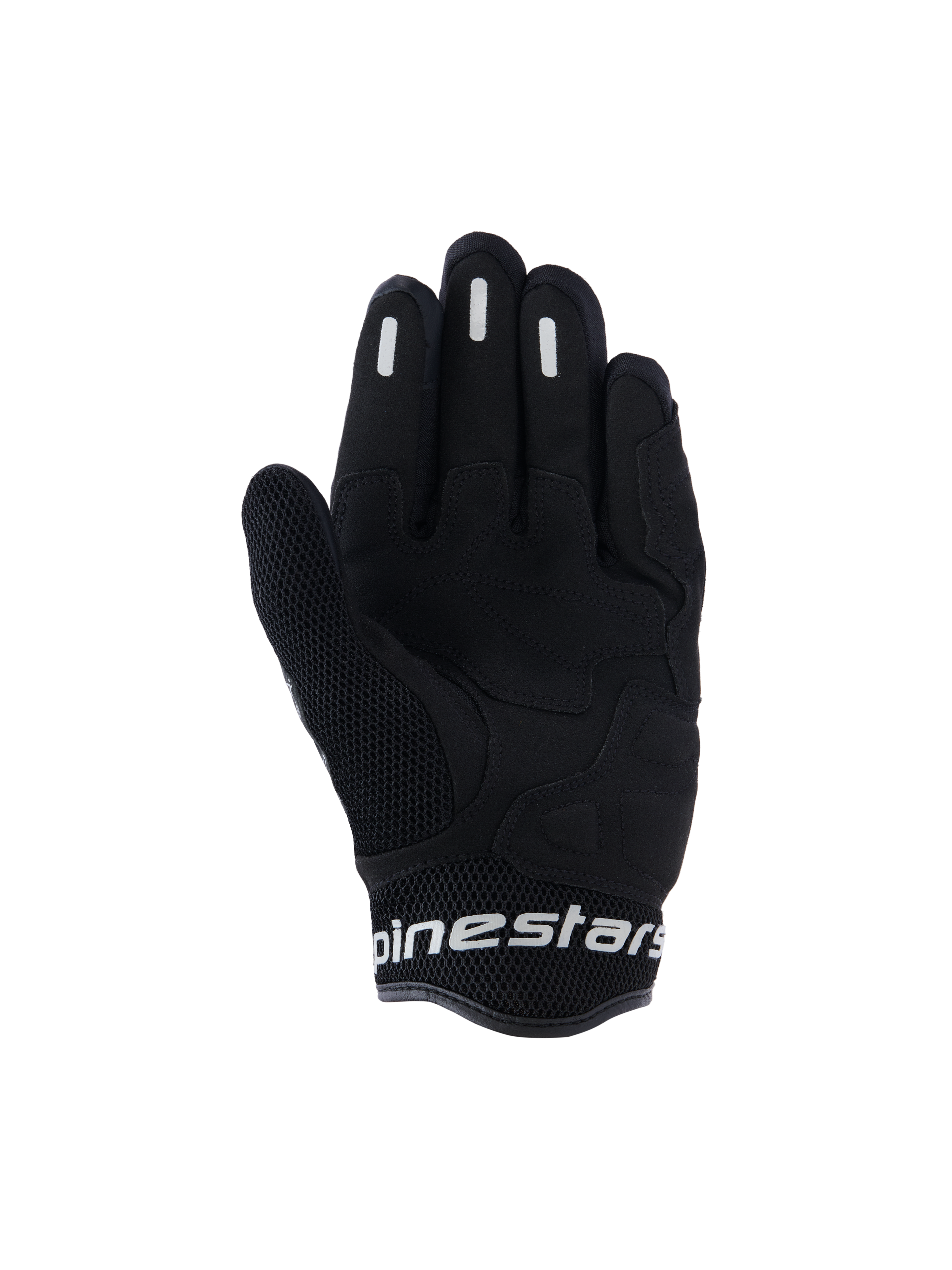 Alpinestars Stella Mogress Airflow Gloves, Women's Urban Motorcycle Gloves, Black, palm view featuring synthetic palm reinforcement, breathable 3D mesh on thumb and cuff, and white Alpinestars branding on the short cuff.